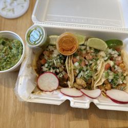 Taki Tacos - Chicken taco, carne asada taco and shrimp taco.  taco de pollo, taco de carne asada y un taco de camaron.