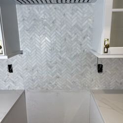 Excellence Custom Tile Service - White Carrara Mosaic Kitchen Backsplash Tile Herringbone.