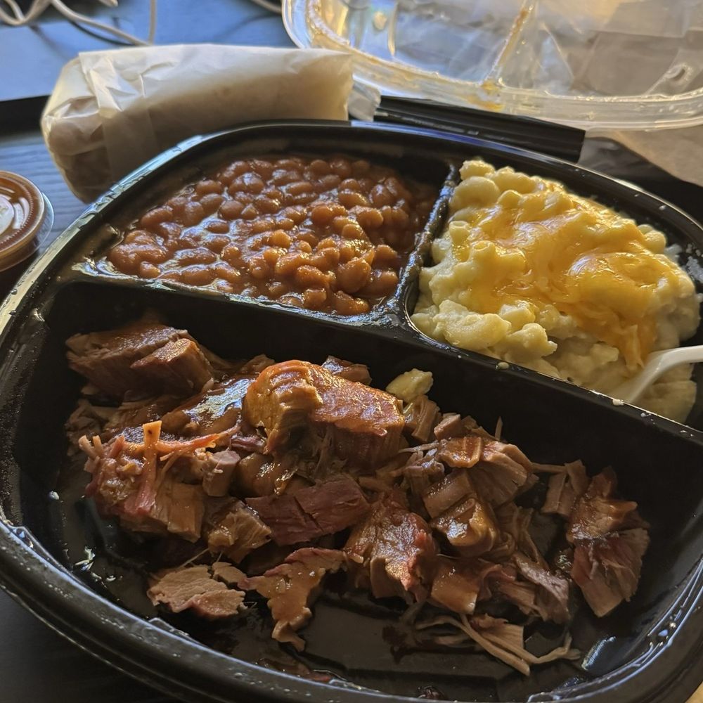 Beef BBQ (Brisket) Plate. Mac & Cheese and Baked Beans with a Cornbread (Slice) Beef BBQ (Brisket) Plate. Mac & Cheese and Baked Beans with a Cornbread (Slice)