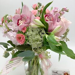 Everyday Flowers - Pink Blooms a flower bouquet for any occasion using roses and orchids arrives in a glass vase can be delivered same day in Orange County