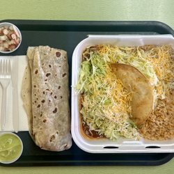 Los Jilbertos - No 7 Combination Plate (Bean & Cheese Enchilada, Shredded Beef Taco, Refried Beans, and Rice), Shrimp Burrito, Guacamole, & Pico de Gallo