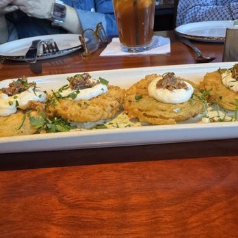The Ranch - Fried Green Tomatoes- delicious and that lit dab of bacon jam hits the spot. - Steakhouses Near Me - Irving, Texas The Ranch - Fried Green Tomatoes- delicious and that lit dab of bacon jam hits the spot. - Steakhouses Near Me - Irving, Texas