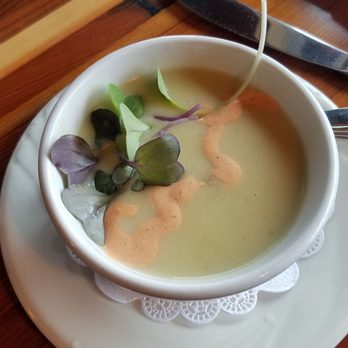 Moonstone Grill - Potato soup (I think?) w/ red bell pepper creme fraiche - Seafood Near Me - Trinidad, California
