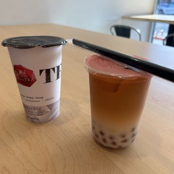 Ding Tea - Thai tea with boba and strawberry yogurt with rainbow jelly - Bubble Tea Near Me - Long Beach, California