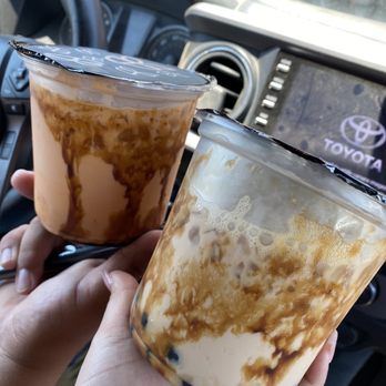 Boba Break Tea House - Left: Brown sugar milk with half Thai tea & egg pudding Right: brown sugar milk tea - Bubble Tea Near Me - Norco, California Boba Break Tea House - Left: Brown sugar milk with half Thai tea & egg pudding Right: brown sugar milk tea - Bubble Tea Near Me - Norco, California