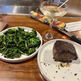 Bird & Jim - 6oz Elk Striploin, Garlic Broccolini, Dirty Gin Martini - New American Near Me - Estes Park, Colorado Bird & Jim - 6oz Elk Striploin, Garlic Broccolini, Dirty Gin Martini - New American Near Me - Estes Park, Colorado