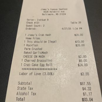 Jimmy's Famous Seafood - The bill - Seafood Near Me - Baltimore, Maryland Jimmy's Famous Seafood - The bill - Seafood Near Me - Baltimore, Maryland