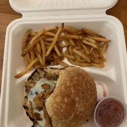Walnut Hill College - BBQ burger and fries to-go. DELICIOUS!!!!