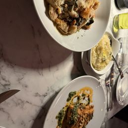 Mushroom pasta, salmon, mashed potatoes