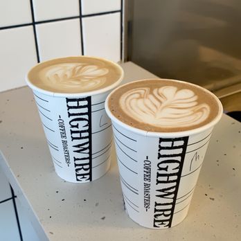 Highwire Coffee Roasters - Latte (L) and mocha (R). - Coffee Roasteries Near Me - Alameda, California Highwire Coffee Roasters - Latte (L) and mocha (R). - Coffee Roasteries Near Me - Alameda, California