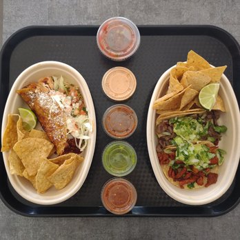Acapela Modern Mex - Shrimp Diabla (left), Carne Asada, and Adobada tacos with chips and salsas - Tacos Near Me - La Mesa, California Acapela Modern Mex - Shrimp Diabla (left), Carne Asada, and Adobada tacos with chips and salsas - Tacos Near Me - La Mesa, California