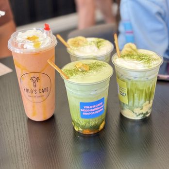 Yolo’s Cafe - Strawberry mango smoothie, mango matcha, and banana matcha! - Bubble Tea Near Me - Bellflower, California