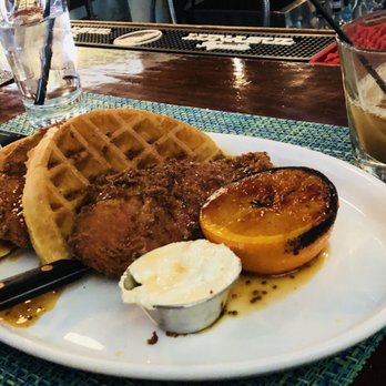 Rooster - Superb chicken and waffles... miso butter, whole grain mustard syrup... Brûlée Orange. Fantastic - New American Near Me - Newington, Connecticut Rooster - Superb chicken and waffles... miso butter, whole grain mustard syrup... Brûlée Orange. Fantastic - New American Near Me - Newington, Connecticut