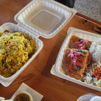 Azucar Cuban Cuisine - Meat paella and the grilled salmon plate - Cuban Near Me - Hillsboro, Oregon Azucar Cuban Cuisine - Meat paella and the grilled salmon plate - Cuban Near Me - Hillsboro, Oregon