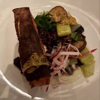 The Penthouse - Salmon on forbidden rice with leeks 3 ways - New American Near Me - Santa Monica, California The Penthouse - Salmon on forbidden rice with leeks 3 ways - New American Near Me - Santa Monica, California