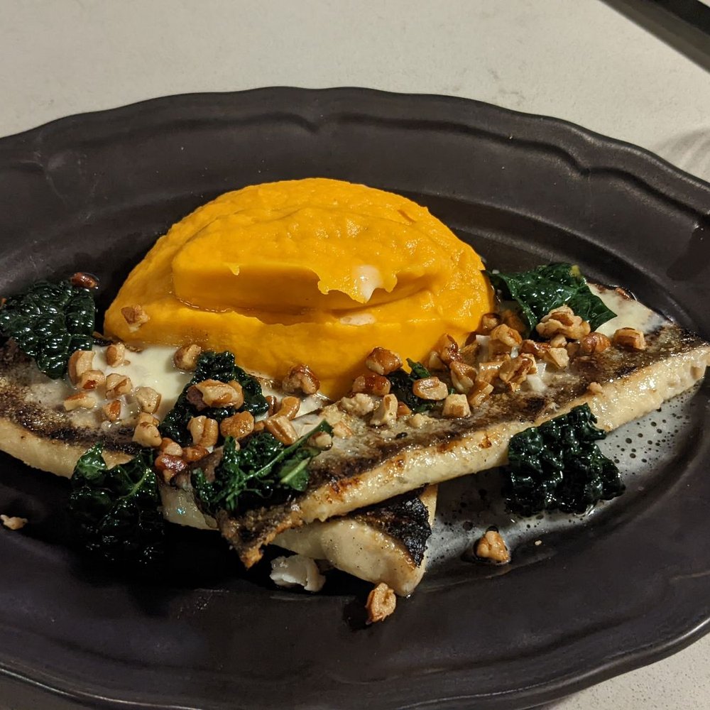 Crawford Cookshop - This is the wood fired trout. It was topped with kale, walnuts and an amazing butter sauce. Side of pureed sweet potato. - Desserts Near Me - Clayton, North Carolina