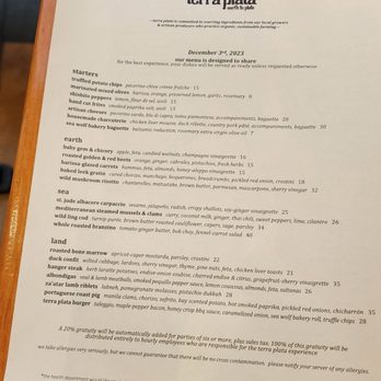 Terra Plata - Menu hot off the press 1of2 (12/3/23) - New American Near Me - Seattle, Washington Terra Plata - Menu hot off the press 1of2 (12/3/23) - New American Near Me - Seattle, Washington