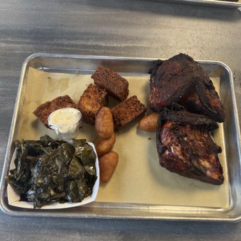 Daddy D’s BBQ - 1/2 chicken white meat, cornbread fritters, collards, hush puppies - Barbeque Near Me - Benson, North Carolina