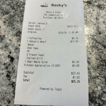 Becky's Diner - Breakfast bill - American Near Me - Portland, Maine
