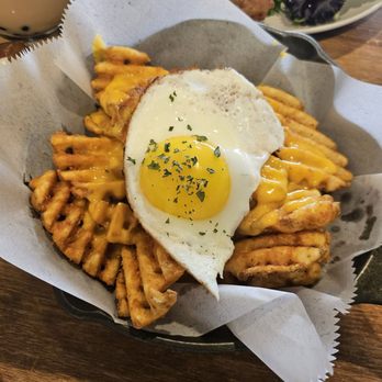 Hide Out Cafe - $14.5 #Hash-Tag Fries: waffle cut fries w/ house cheddar cheese, minced pork, sunny side-up egg - Cafes Near Me - Rowland Heights, California