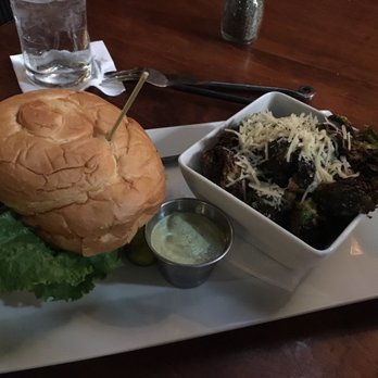 The Fork n Cork - Burger and Brussels sprouts on the side! - New American Near Me - Wilmington, North Carolina