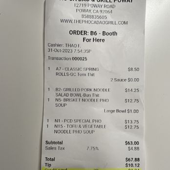 Phở Ca Dao - Credit Card Fee - Vietnamese Near Me - Poway, California