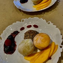 Chef Sandesha - Mochi, Mango, Raspberry Coulis, Bliss Ball