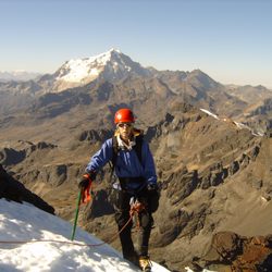 American Alpine Institute - A climber on a high altitude peak in Bolivia. AAI pioneered many first ascents and many first guided ascents in the country.