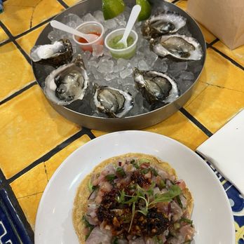 Holbox - Tostada de jurel and 6 piece ostiones - Latin American Near Me - Los Angeles, California Holbox - Tostada de jurel and 6 piece ostiones - Latin American Near Me - Los Angeles, California