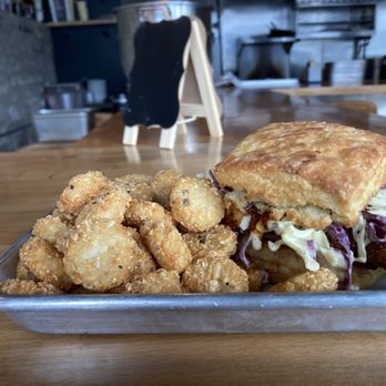 The Biscuit Joint - Fish sandwich with red pepper jam and creamy slaw. Tater rounds too - Breakfast & Brunch Near Me - Saint Louis, Missouri