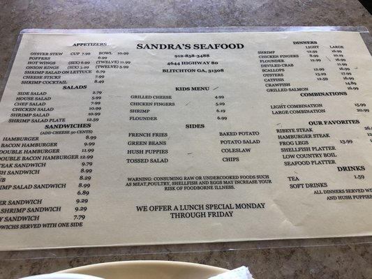 Menu photo 1 Sandra's Seafood Restaurant Ellabell, GA Menu photo 1 Sandra's Seafood Restaurant Ellabell, GA
