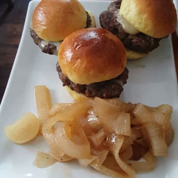 Ringolevio - Trio of Grass Fed Beef Burgers with Caramelized Onions and Fontina Cheese - Mediterranean Near Me - Brooklyn, New York Ringolevio - Trio of Grass Fed Beef Burgers with Caramelized Onions and Fontina Cheese - Mediterranean Near Me - Brooklyn, New York