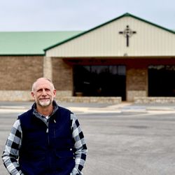 River of Life Church - Pastor David Skinner at the entrance to River of Life Church in Abilene, Texas.
