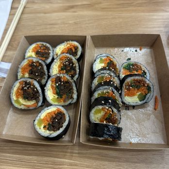 Baro Gimbap - Two different gimbap - right one is the more expensive one but way smaller with less filling. - Korean Near Me - Fullerton, California