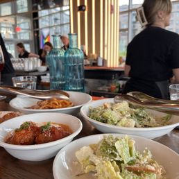 Bucatini, meatballs, Caesar salad Bucatini, meatballs, Caesar salad