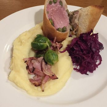 Kolkovna Olympia - Roasted pork fillet in white bread, served with horseradish mashed potatoes, Brussels sprouts and red onion cabbage salad - Czech Near Me - Prague, Puerto Rico Kolkovna Olympia - Roasted pork fillet in white bread, served with horseradish mashed potatoes, Brussels sprouts and red onion cabbage salad - Czech Near Me - Prague, Puerto Rico