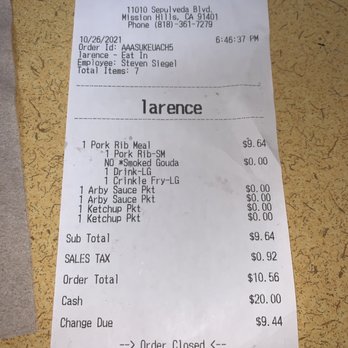 Arby's - Receipt - Fast Food Near Me - Mission Hills, California Arby's - Receipt - Fast Food Near Me - Mission Hills, California