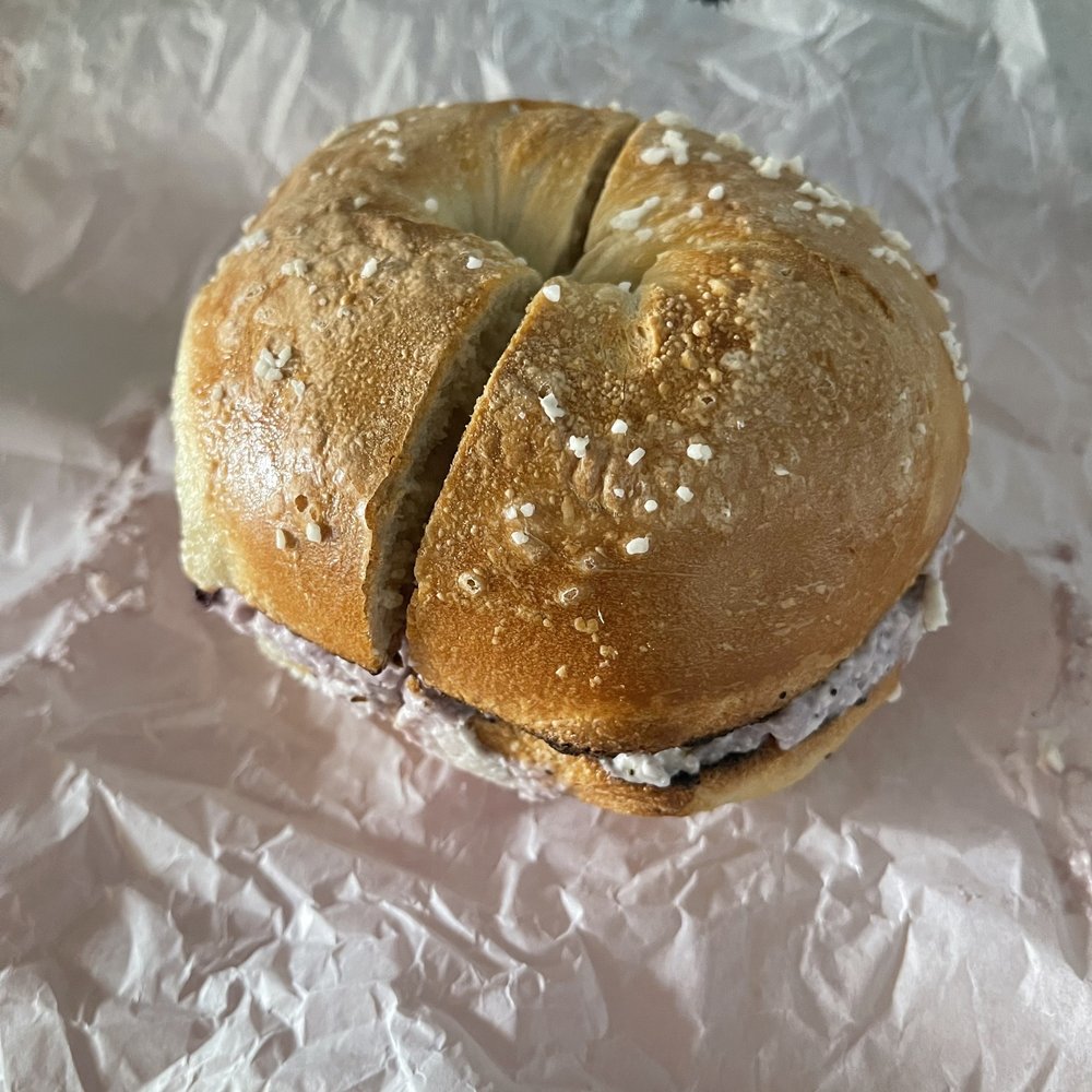 Montague Street Bagels - Salt Bagel with Blueberry Cream Cheese $5 - Bagels Near Me - Brooklyn, New York