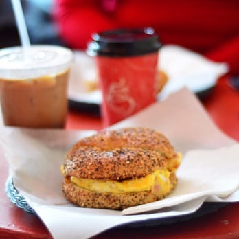 Lava Java - Toasted everything bagel, with layers or eggs, bacon and cheese... Along with a iced mocha and a cappuccino. - Coffee & Tea Near Me - San Francisco, California Lava Java - Toasted everything bagel, with layers or eggs, bacon and cheese... Along with a iced mocha and a cappuccino. - Coffee & Tea Near Me - San Francisco, California