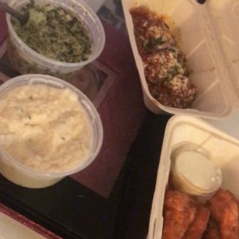 49 Square Catering - Wings, caulimash, creamed bacon spinach, sausage puffs with no sugar marinara - Caterers Near Me - San Francisco, California