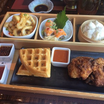 Zen Kitchen - Brunch bento box with chicken and bacon waffles!! Chicken was so so...waffle was excellent!! The Calamari was excellent!! - Sushi Bars Near Me - Las Vegas, Nevada Zen Kitchen - Brunch bento box with chicken and bacon waffles!! Chicken was so so...waffle was excellent!! The Calamari was excellent!! - Sushi Bars Near Me - Las Vegas, Nevada