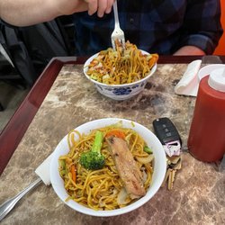 Kobo Teriyaki - Veggie lo mein bowl and chicken lo mein bowl and house made chili sauce