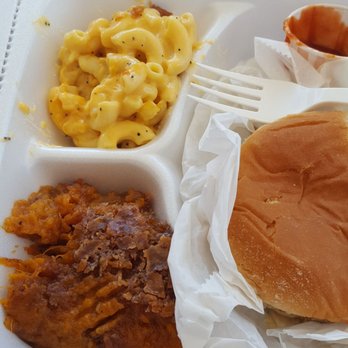 Currituck BBQ - Brisket sandwich with sweet potato casserole and mac and cheese. - Barbeque Near Me - Barco, North Carolina