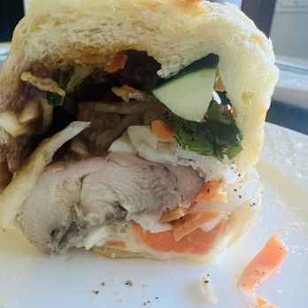 Gion Banh Mi & Tea - Chicken Banh MI with Grilled Chicken. Big huge chunk of meat made the sandwich unmanageable to eat. I prefer shredded - Vietnamese Near Me - Seattle, Washington