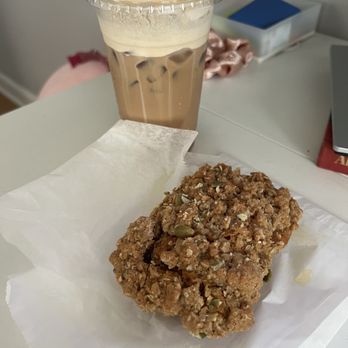 Childhood Cafe - pumpkin loaf with crumble, iced latte with cinnamon roll foam - Themed Cafes Near Me - Washington, DC, District of Columbia