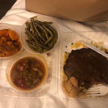 Hoover's Cooking - Chopped steak, Caribbean rice, butter beans, yams, okra and tomatoes and green beans - Southern Near Me - Austin, Texas Hoover's Cooking - Chopped steak, Caribbean rice, butter beans, yams, okra and tomatoes and green beans - Southern Near Me - Austin, Texas