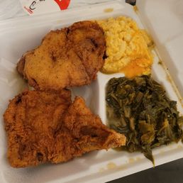 Fried pork chops, mac n cheese and collard greens. Great flavor, 8/10 Fried pork chops, mac n cheese and collard greens. Great flavor, 8/10
