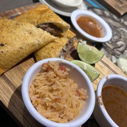 Los Mayas Mexican Grill - Quesabirria meal which came with rice. We also got cheese dip as an appetizer with the chips.