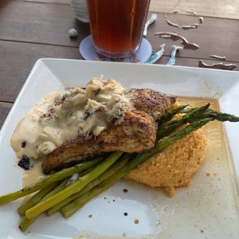 Cobalt - Blackened Fish of the Day, Grilled Asparagus, Roasted Red Pepper and Fontina Cheese Grits - Seafood Near Me - Orange Beach, Alabama Cobalt - Blackened Fish of the Day, Grilled Asparagus, Roasted Red Pepper and Fontina Cheese Grits - Seafood Near Me - Orange Beach, Alabama