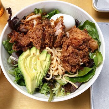 Basilisk - Asian chicken salad with noodles mixed greens soft boiled egg and avocado.  The lunch of champions. - New American Near Me - Portland, Oregon